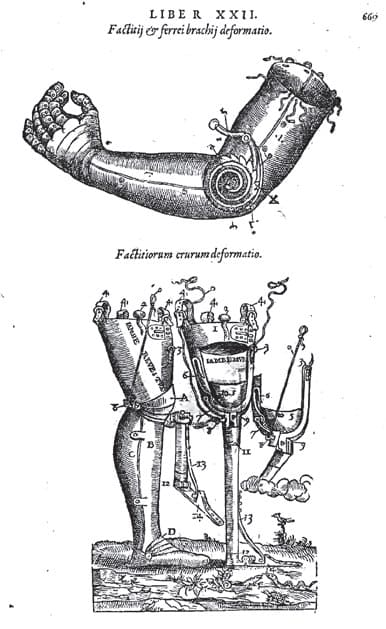 Иллюстрации из трактата Амбруаза Паре, на которых показано устройство протезов для рук и ног
